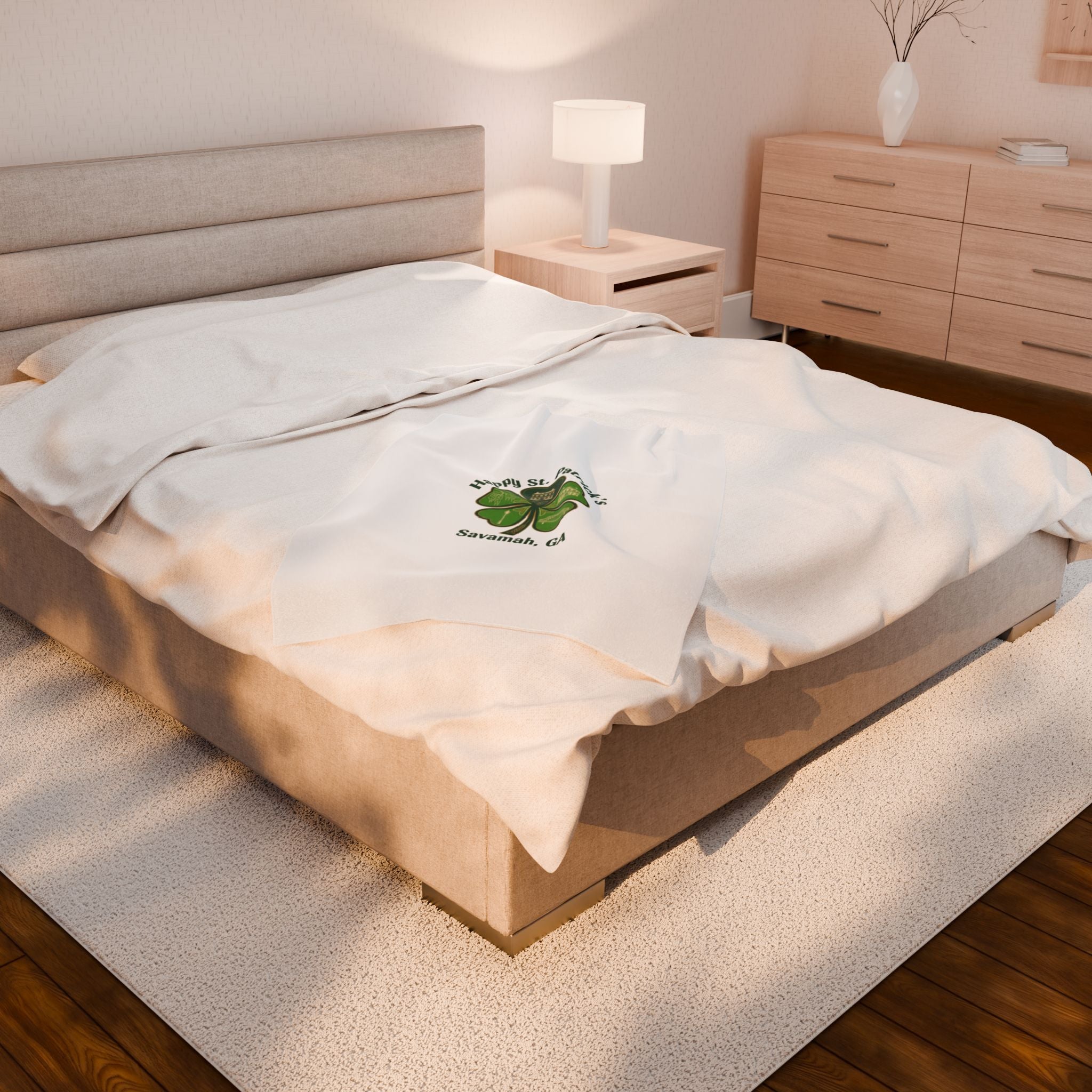Minimal Shamrock Print Velveteen Plush Blanket | tiny clover icon, subtle luck