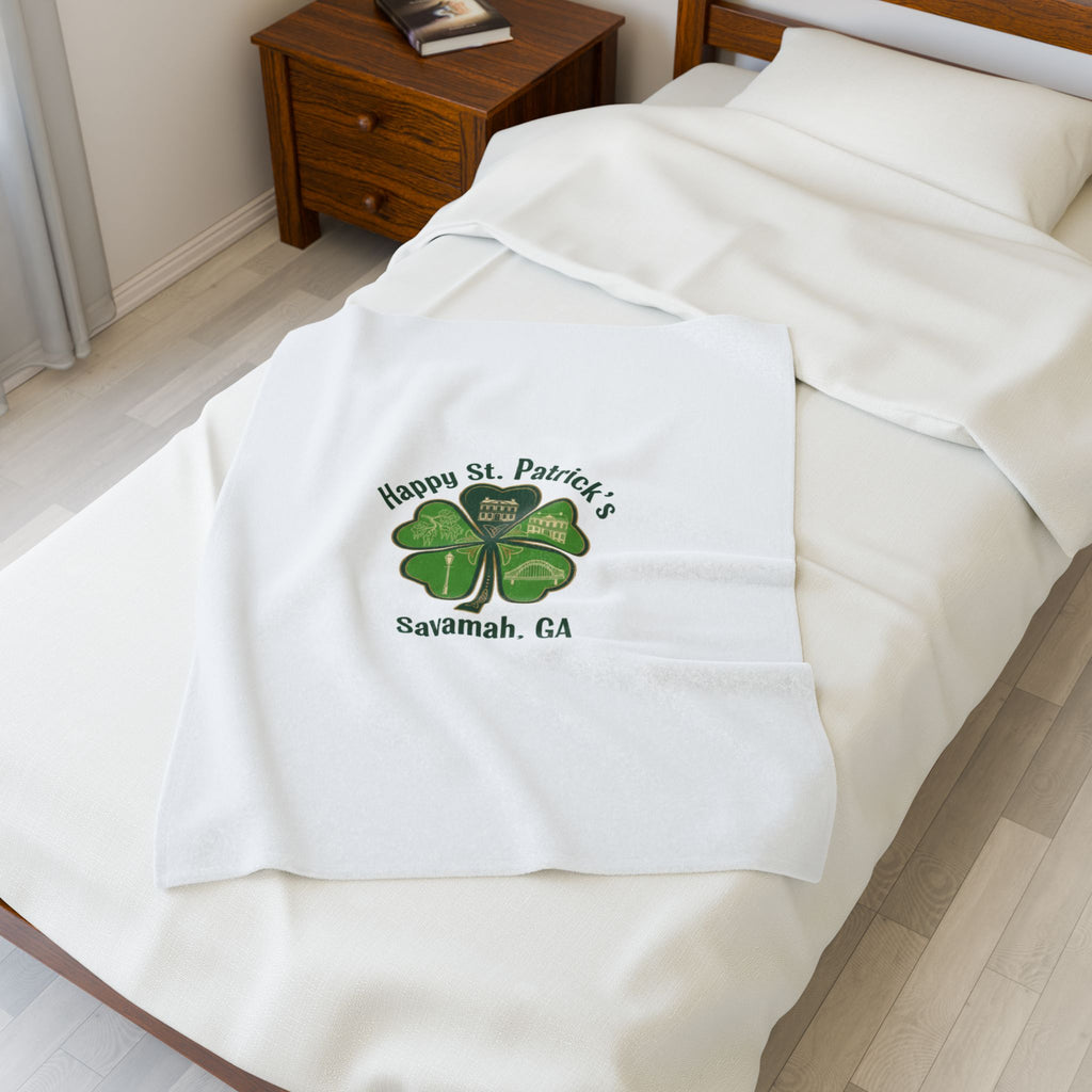 Minimal Shamrock Print Velveteen Plush Blanket | tiny clover icon, subtle luck