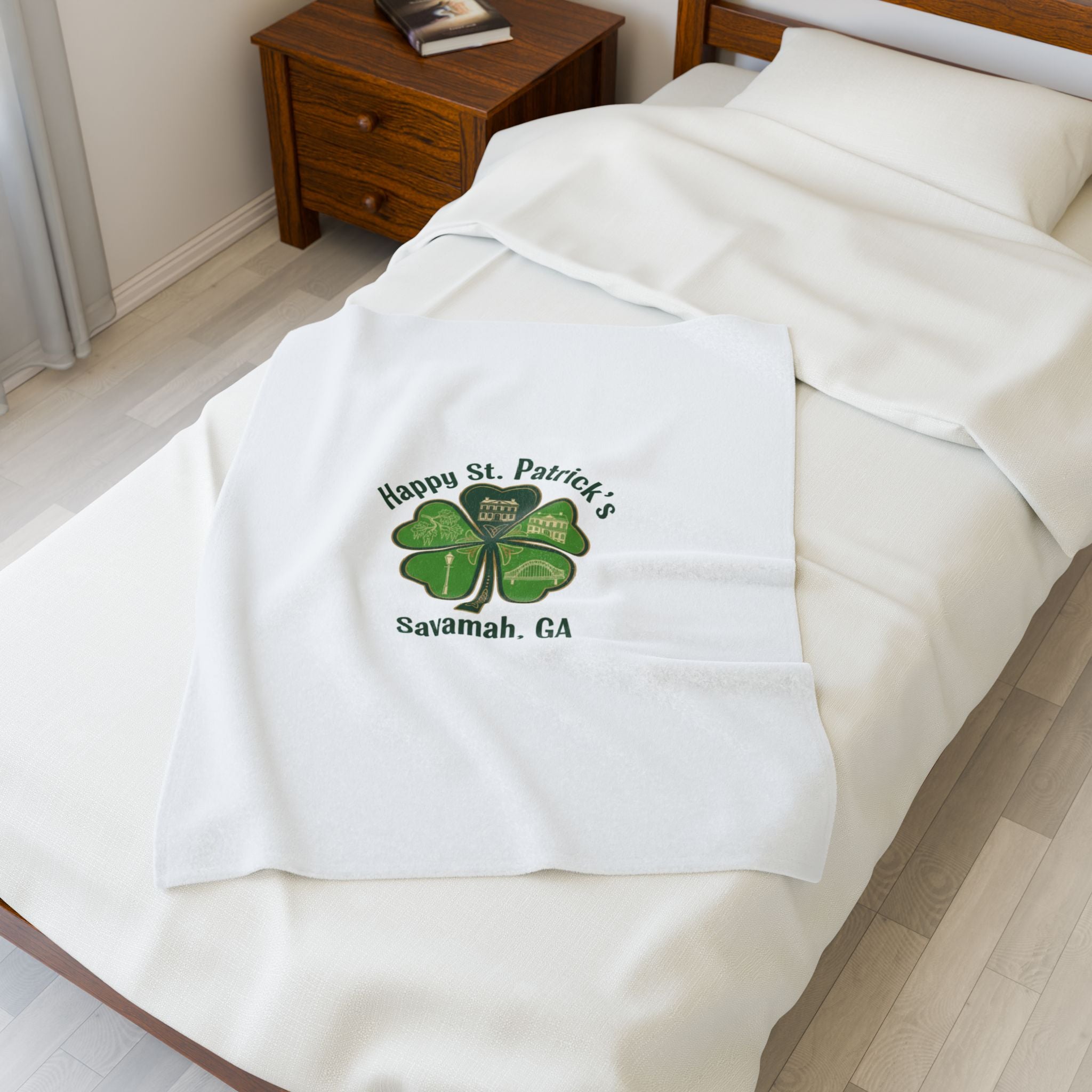 Minimal Shamrock Print Velveteen Plush Blanket | tiny clover icon, subtle luck