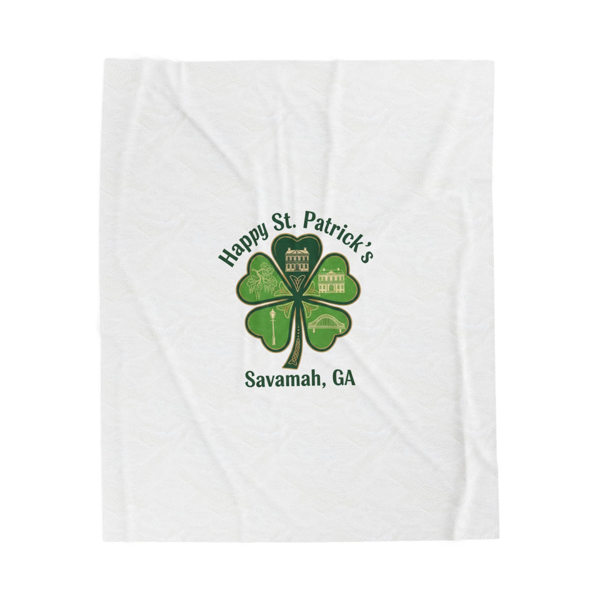 Minimal Shamrock Print Velveteen Plush Blanket | tiny clover icon, subtle luck