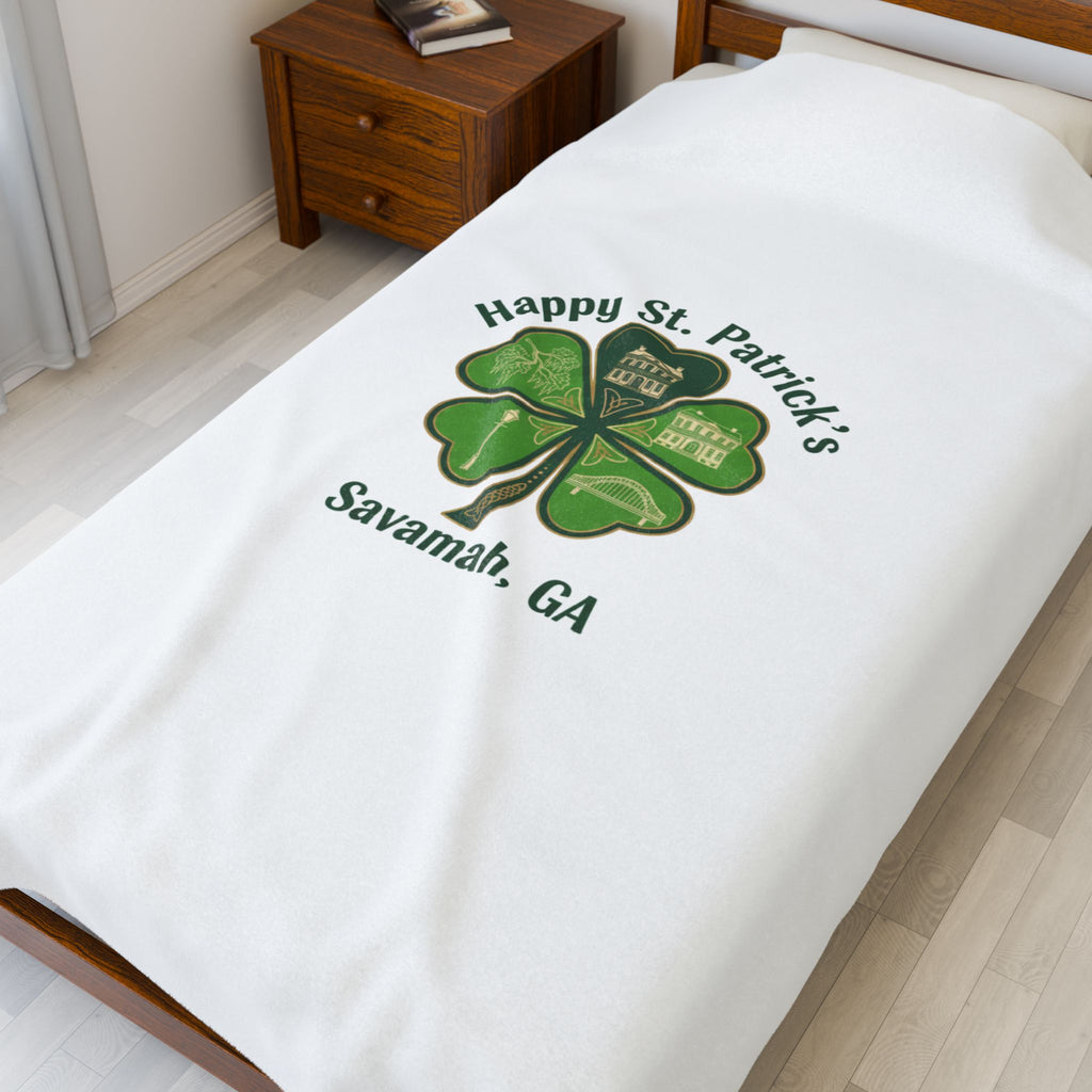 Minimal Shamrock Print Velveteen Plush Blanket | tiny clover icon, subtle luck