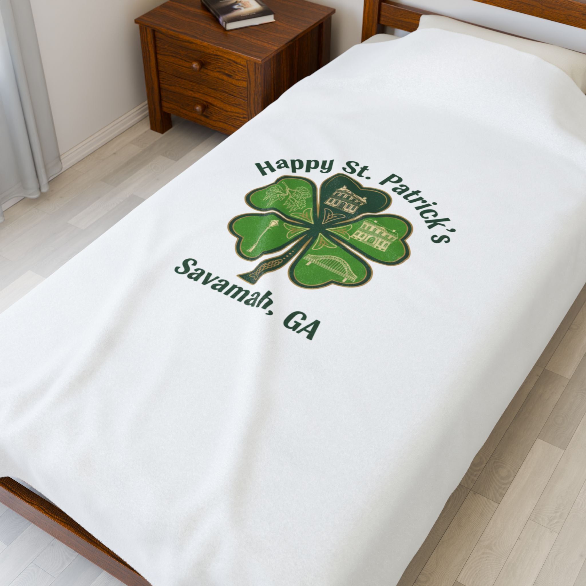 Minimal Shamrock Print Velveteen Plush Blanket | tiny clover icon, subtle luck