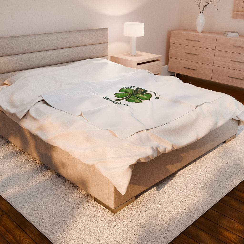Minimal Shamrock Print Velveteen Plush Blanket | tiny clover icon, subtle luck