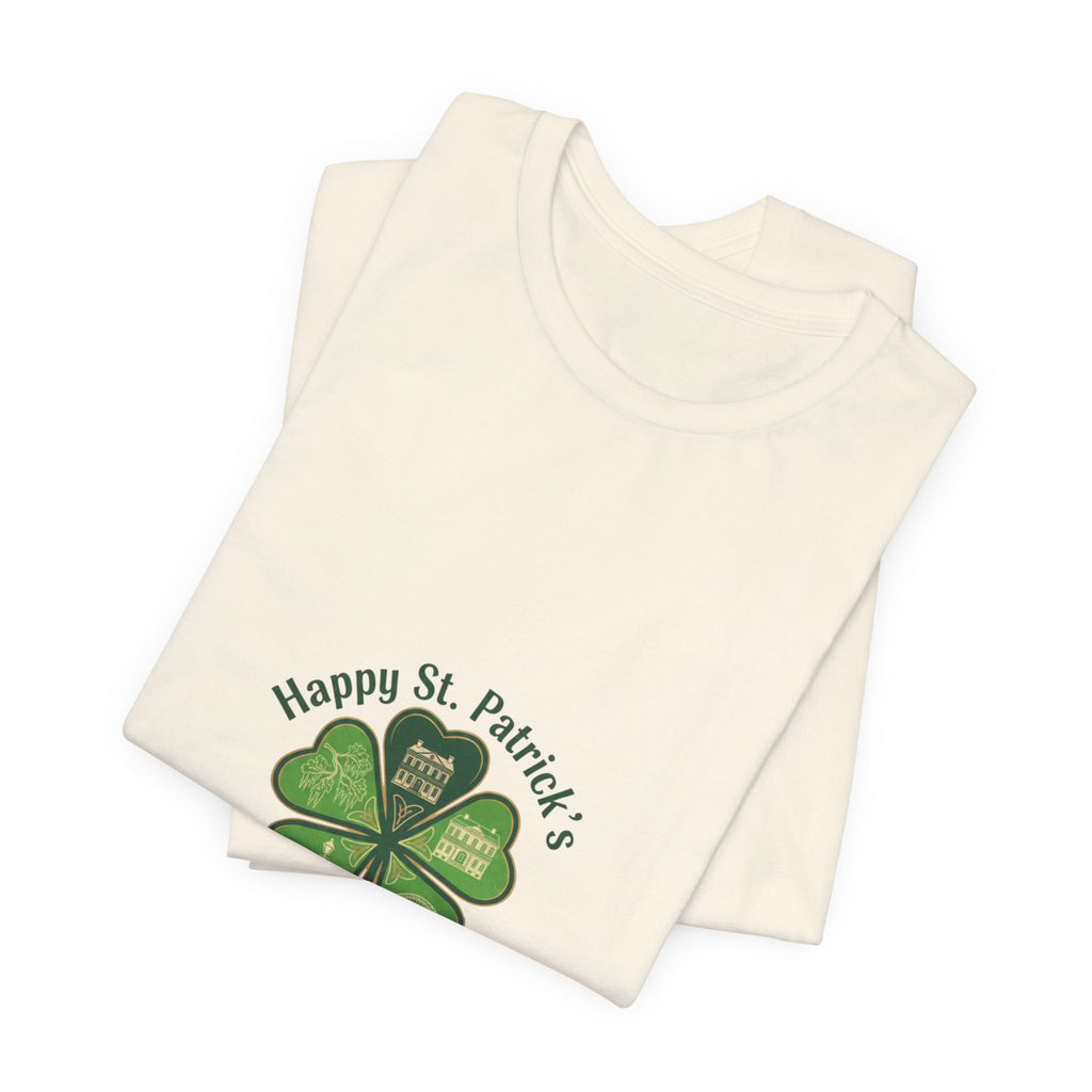 minimal clover icon Tee | tiny shamrock print, subtle luck graphic