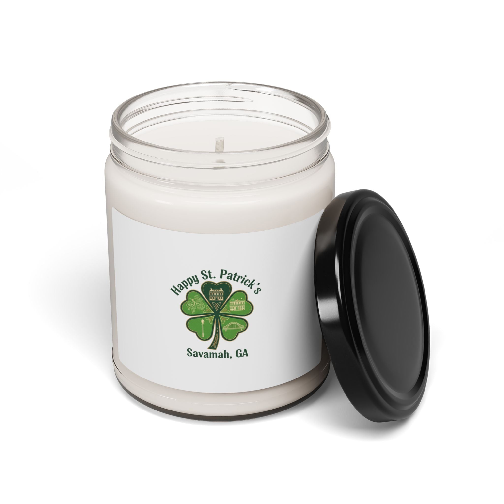 minimal clover icon Soy Candle | subtle luck graphic, emerald shamrock print