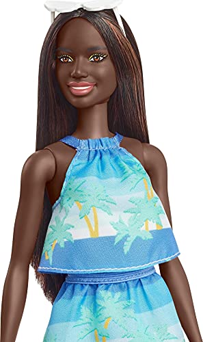 Barbie Loves The Ocean Doll with Brown Hair Weariing Tropical Print Dress & Accessories, Fashion Doll & Clothes Made from Recycled Plastics