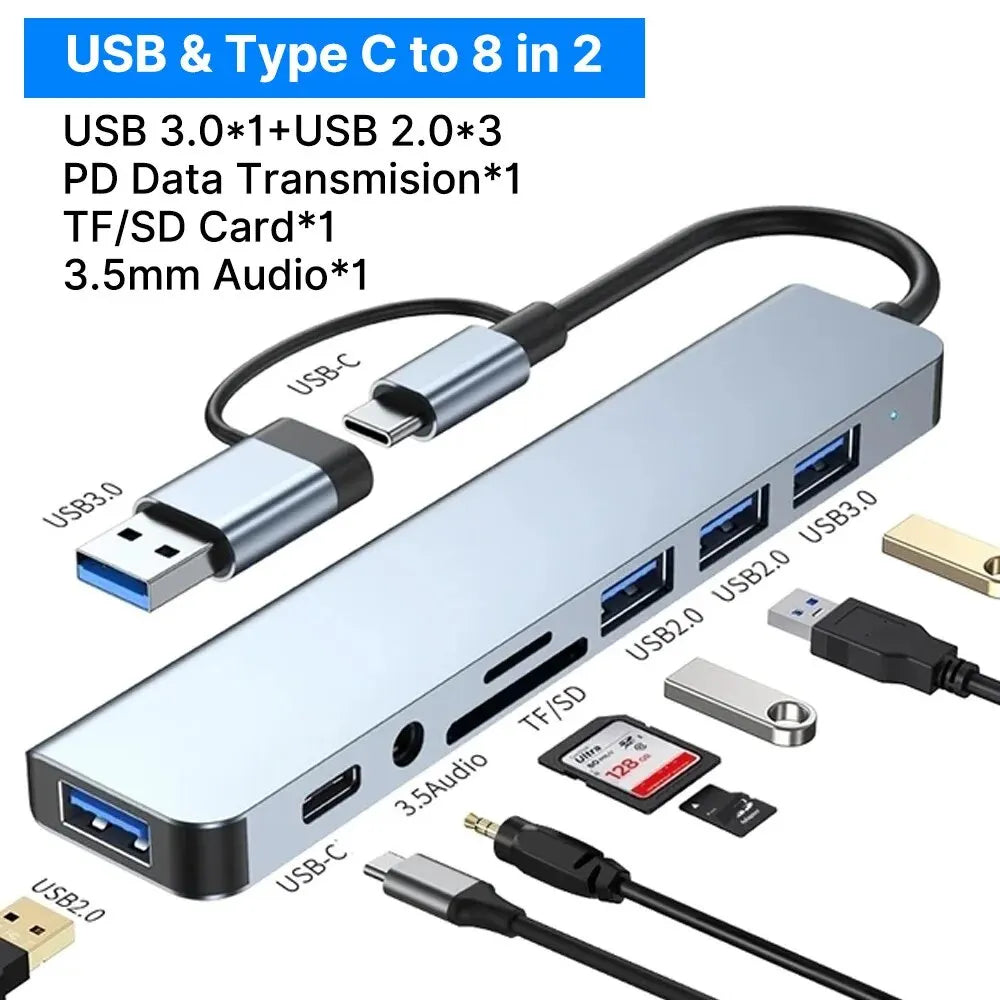 8 in 2 USB-C HUB USB Splitter USB Extender with 4 USB Port 1 USBC Port