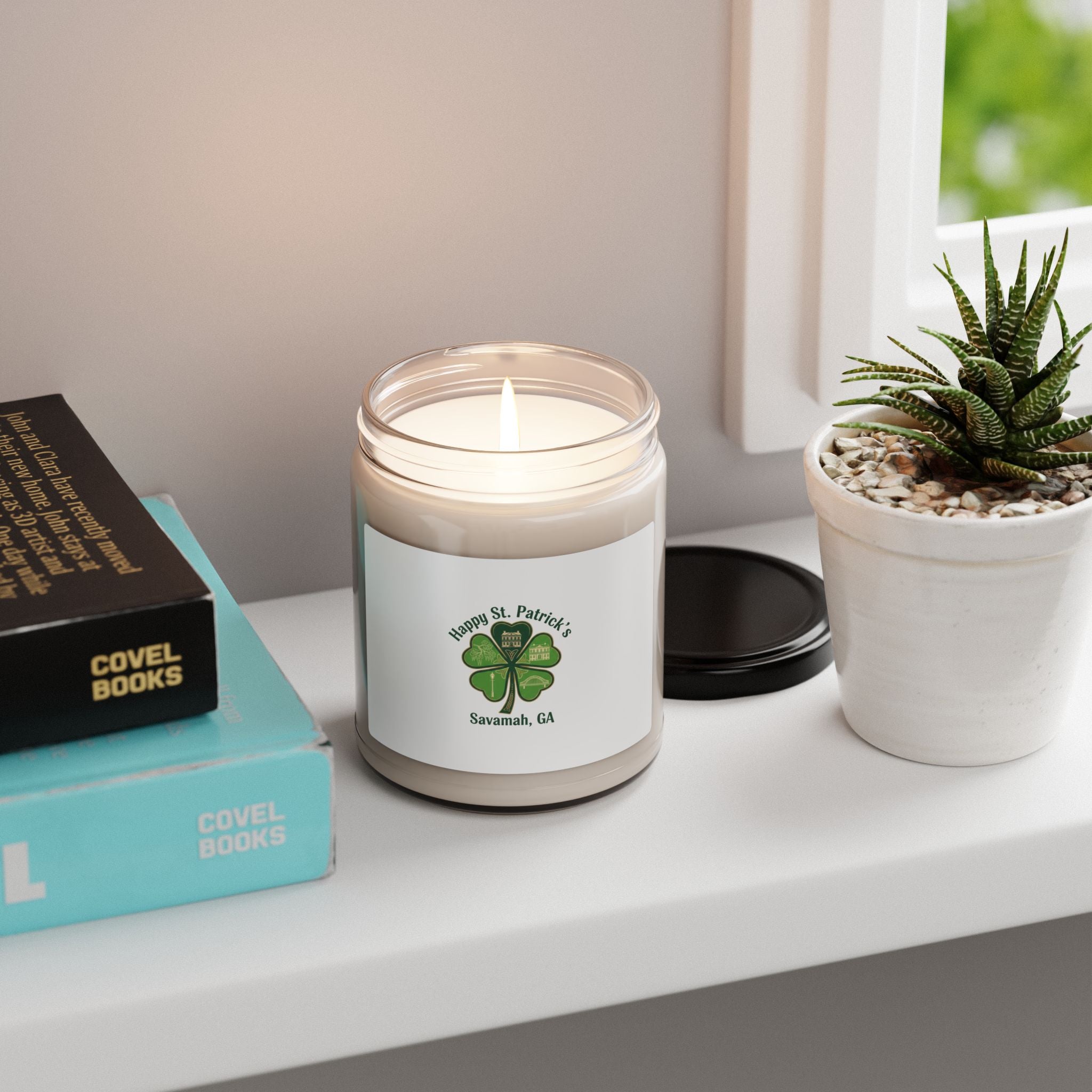 minimal clover icon Soy Candle | subtle luck graphic, emerald shamrock print