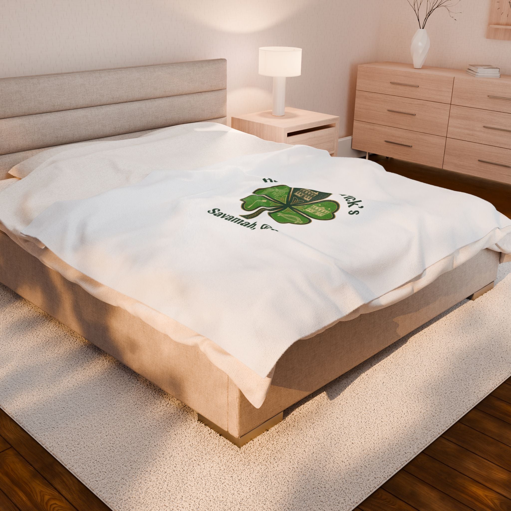 Minimal Shamrock Print Velveteen Plush Blanket | tiny clover icon, subtle luck