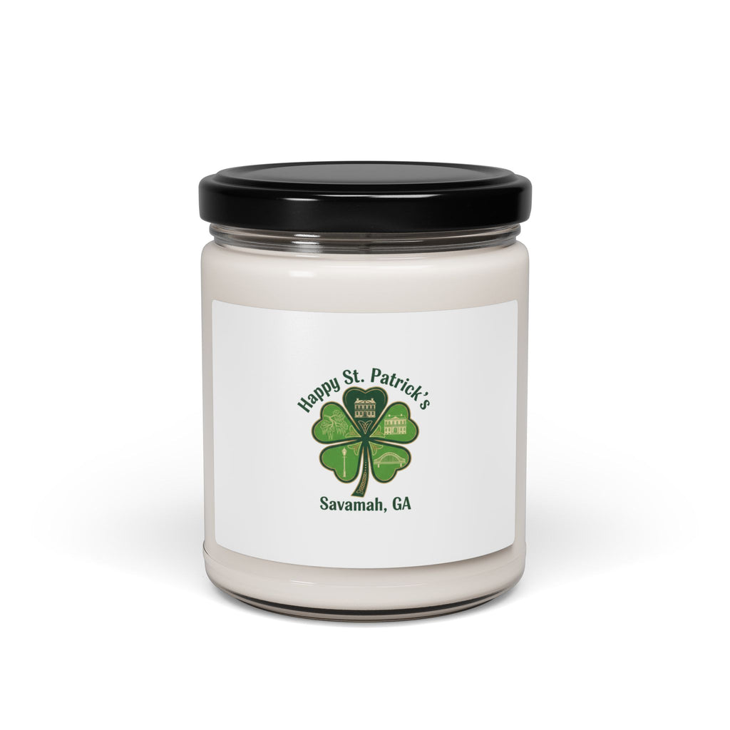 minimal clover icon Soy Candle | subtle luck graphic, emerald shamrock print
