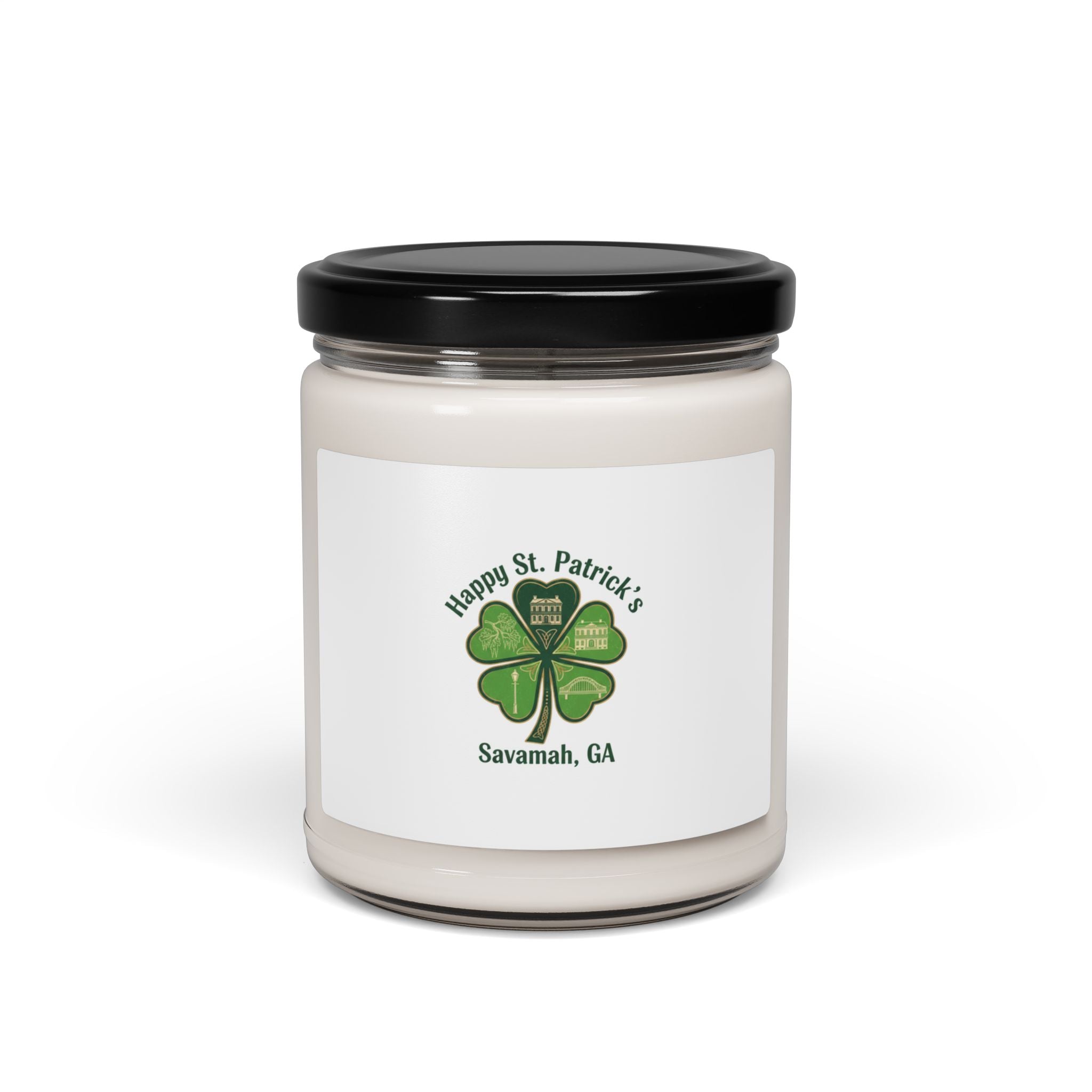 minimal clover icon Soy Candle | subtle luck graphic, emerald shamrock print