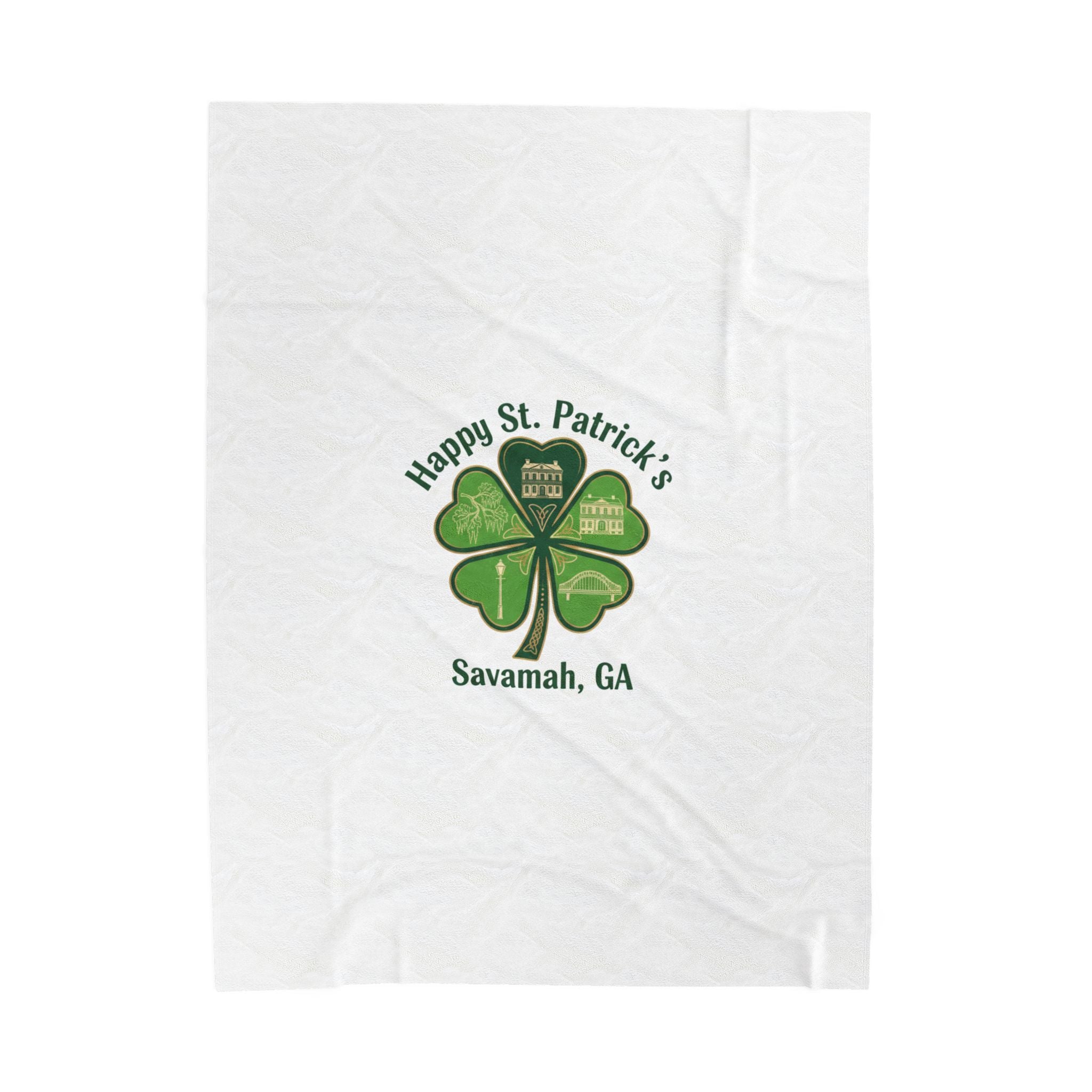 Minimal Shamrock Print Velveteen Plush Blanket | tiny clover icon, subtle luck