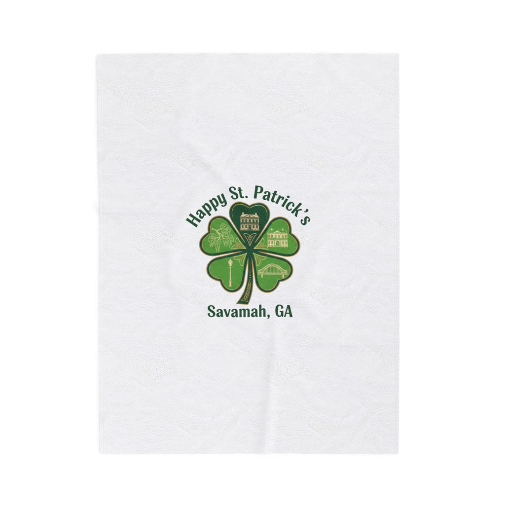 Minimal Shamrock Print Velveteen Plush Blanket | tiny clover icon, subtle luck