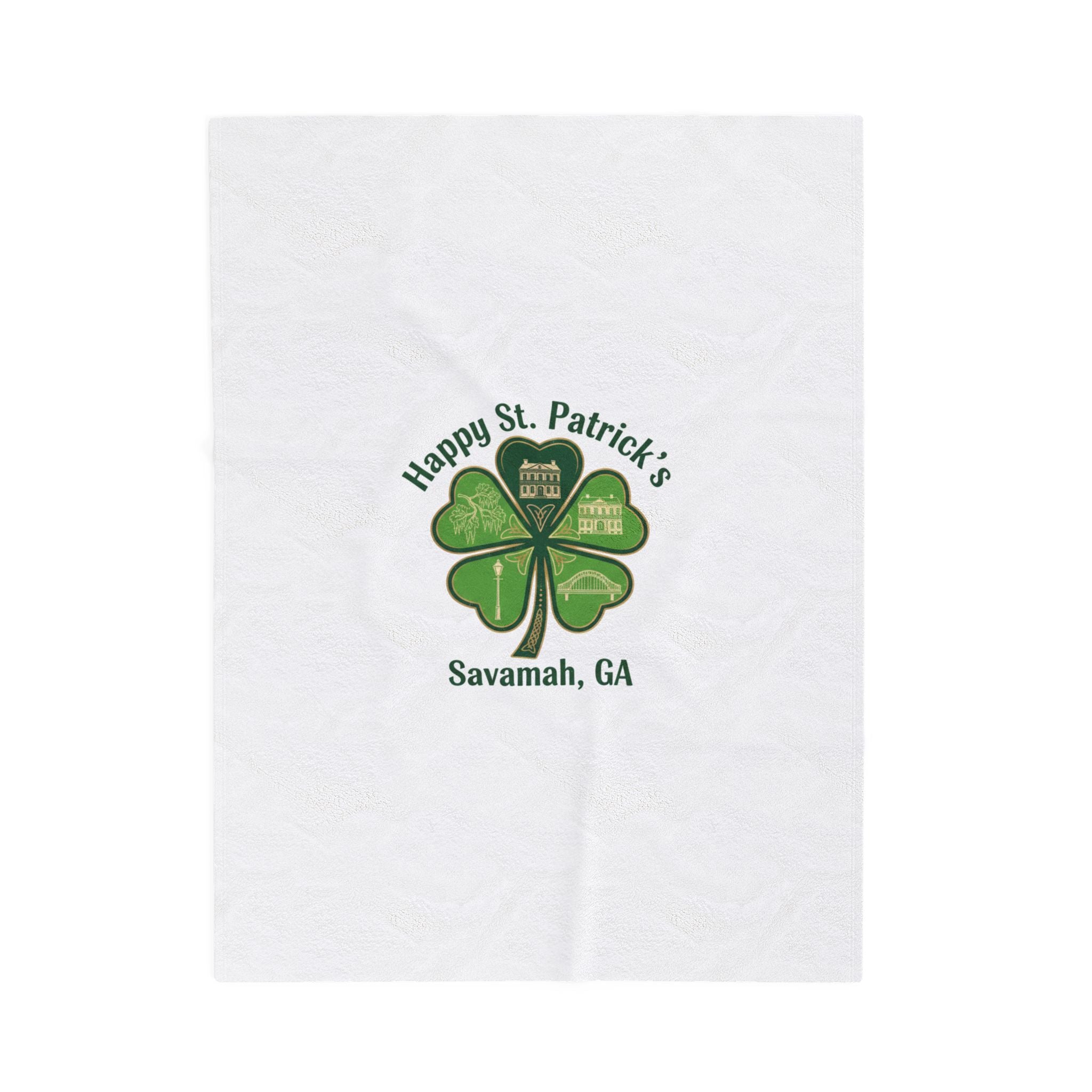 Minimal Shamrock Print Velveteen Plush Blanket | tiny clover icon, subtle luck