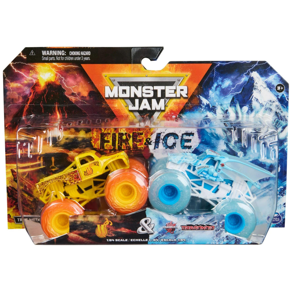 Monster Jam Fire and Ice Monster Trucks, 2 Pack, Whiplash vs Dragonoid, 1:64 Scale