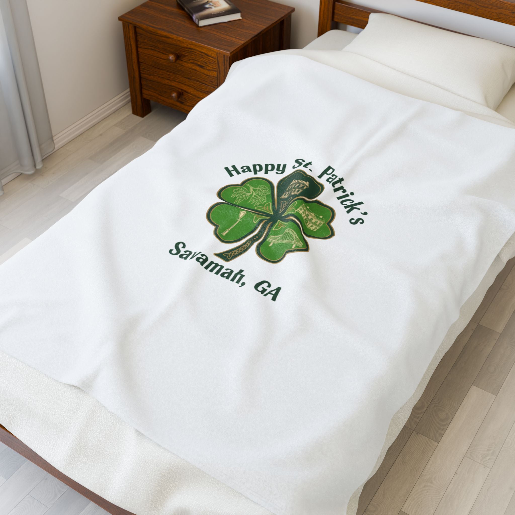 Minimal Shamrock Print Velveteen Plush Blanket | tiny clover icon, subtle luck