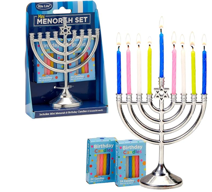 Rite Lite Mini Menorah Set with 48 Multicolor Birthday Candles - Portable Chanukah Candle Holder Diecast Aluminum Menorah Hanukkah Gifts Jewish Party Favors Decor Centerpiece 5" H