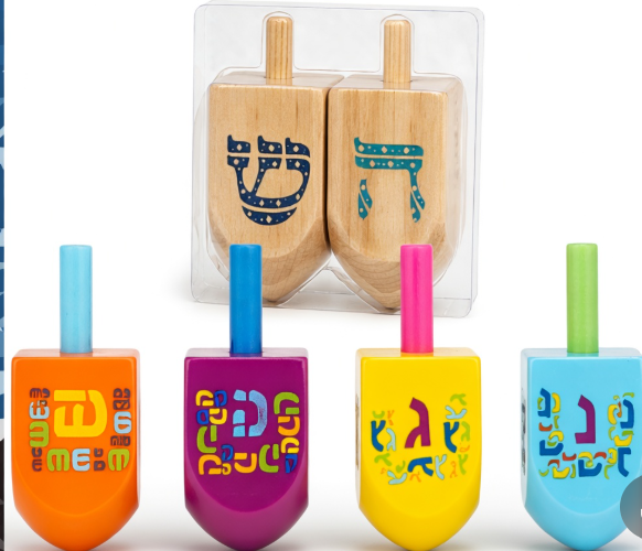 Hanukkah Dreidel Set, 2 Large and 4 Small Painted Wood Dreidels