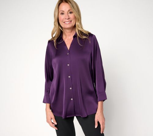 Denim & Co. Stretch Satin Blouse, Deep Purple, 2X