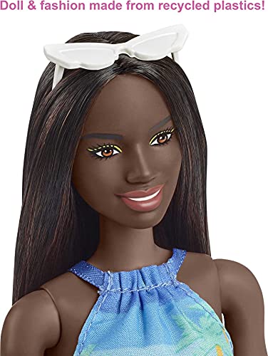Barbie Loves The Ocean Doll with Brown Hair Weariing Tropical Print Dress & Accessories, Fashion Doll & Clothes Made from Recycled Plastics