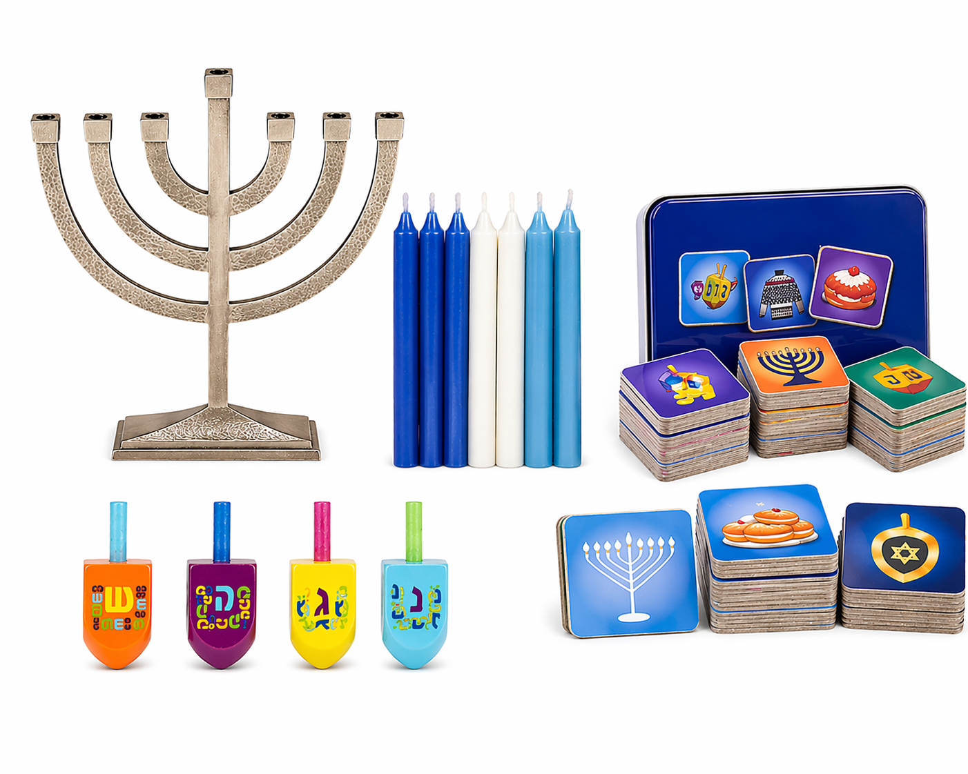 Hanukkah Celebration Bundle – Menorah, Candles, Dreidels & Memory Game
