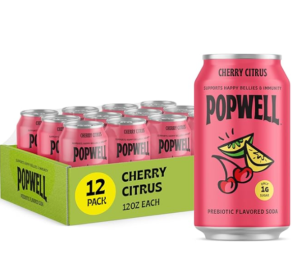 Popwell Cherry Citrus Better-For-You Prebiotic Soda, with 6g Fiber, 1g Sugar, Vitamins and Immunity Support, 12 fl oz Cans (pack of 12)